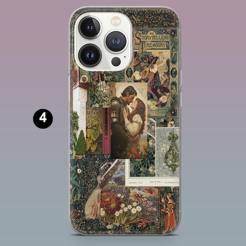 May include: Clear phone case with a collage design featuring vintage illustrations. The design includes a romantic scene of a couple kissing, floral patterns, and text that reads "The Storytellers Treasury". The case has a clear border.