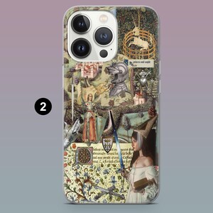 May include: A phone case featuring a medieval tapestry design with knights, a unicorn, and floral patterns. The case has a clear border and a number "2" in the upper left corner. The text "princess and knight" is visible.