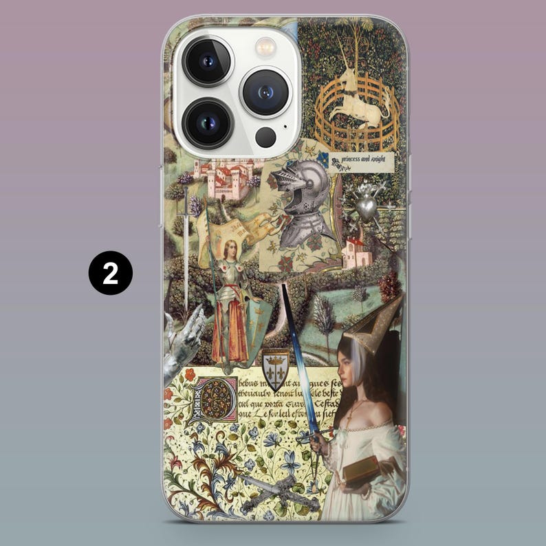 May include: A phone case featuring a medieval tapestry design with knights, a unicorn, and floral patterns. The case has a clear border and a number "2" in the upper left corner. The text "princess and knight" is visible.
