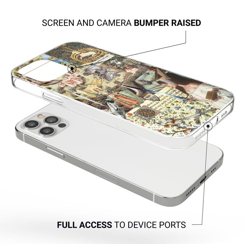 May include: A clear phone case with a medieval map design. The case has raised edges for screen and camera protection and allows full access to device ports. The case is shown on top of a silver phone.
