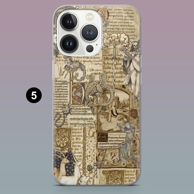 May include: A phone case featuring a medieval manuscript design. The case has a beige background with illustrations of dragons, figures, and text. The number "5" is printed in black on the left side of the case.