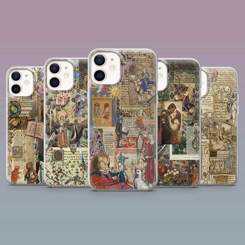 May include: A collection of five phone cases with medieval art designs. Each case features a different collage of illustrations, including knights, religious figures, and romantic scenes, all set against a parchment-like background.