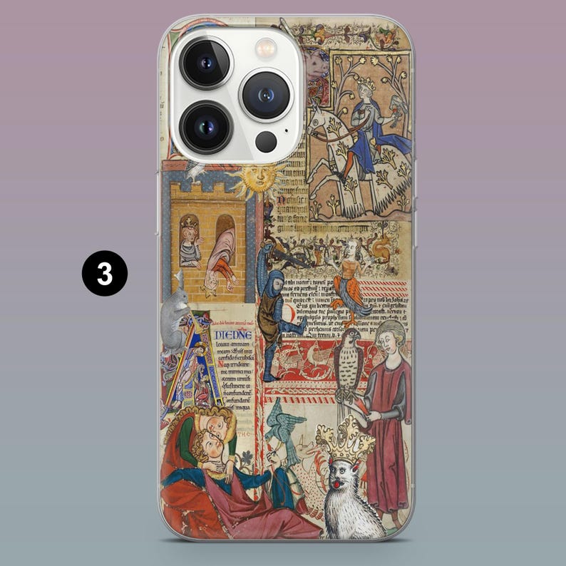 May include: Clear phone case featuring a medieval manuscript design. The case displays colorful illustrations of people, animals, and architectural elements. The design includes text and a number "3" in a black circle.