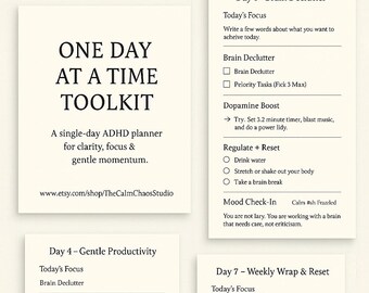 May include: A white planner titled "ONE DAY AT A TIME TOOLKIT" for ADHD, with sections for daily focus, brain decluttering, and mood check-ins. Includes prompts for tasks and self-care, designed for clarity and gentle momentum.