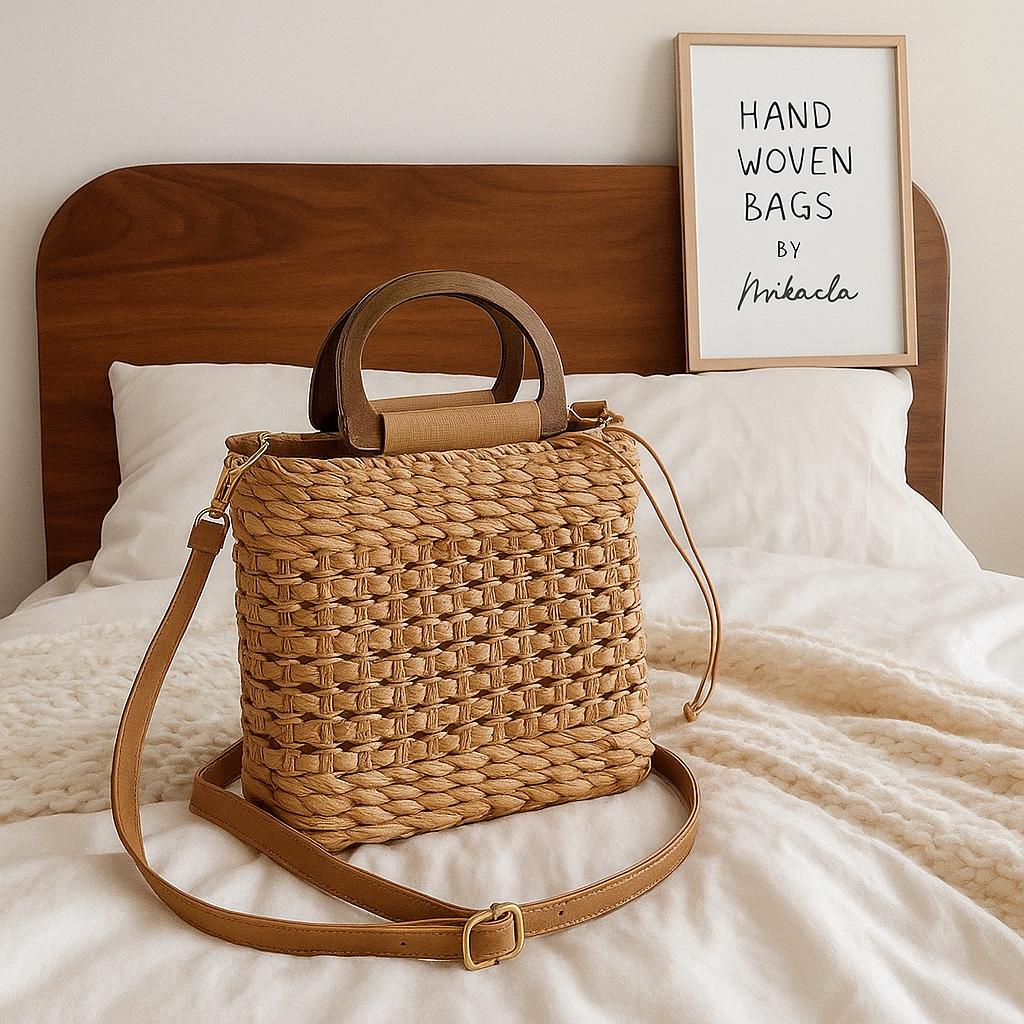 Luxury Crochet Woven Raffia Tote | Summer Drawstring Beach Purse | Small Designer Handbag for Women | Boho Travel Bag