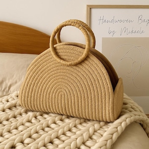 Handwoven Cotton Rope Shoulder Bag | Chic Retro Rattan Purse for Women | Holiday Vacation Tote | Boho Travel Handbag