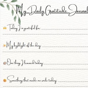 May include: A white My Daily Gratitude Journal with floral accents. The journal includes prompts such as "Today I'm grateful for" and "A goal for tomorrow." The bottom of the journal reads "Seize every opportunity to grow."