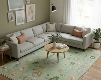 Hand Knotted Wool Oushak Rug | Mint Green Floral Turkish Carpet