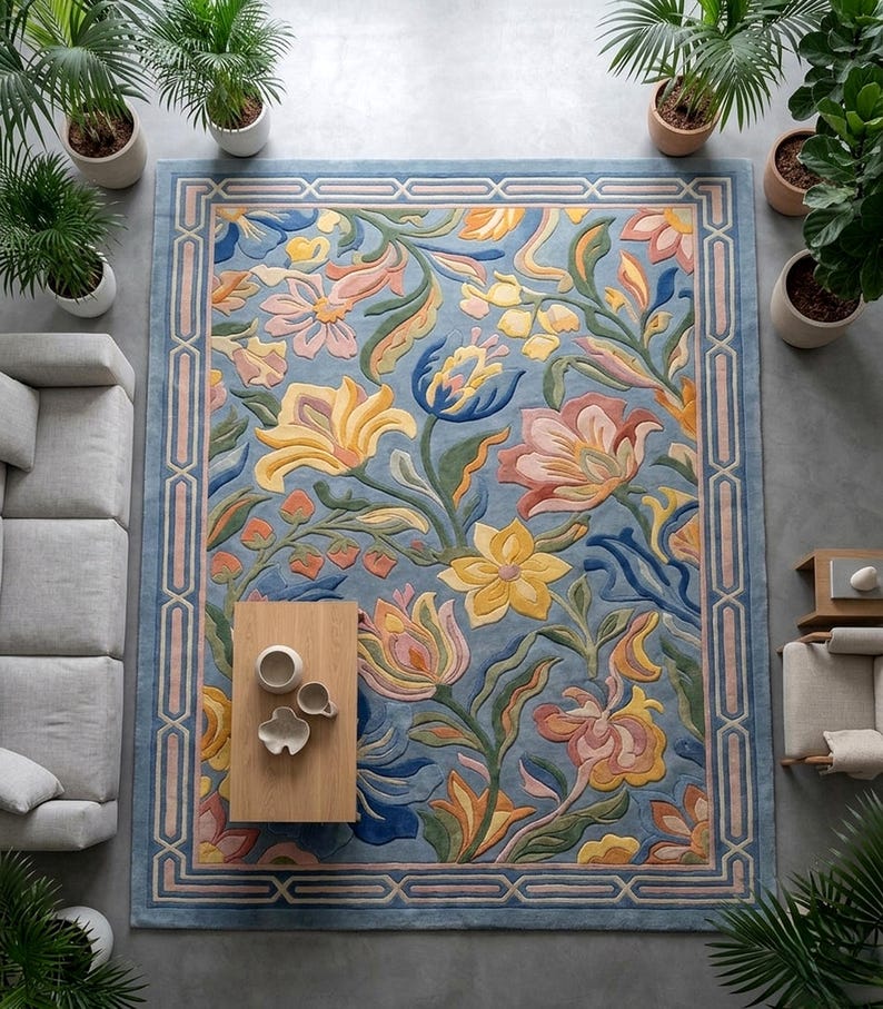 Hand Tufted Floral Wool Rug, Blue Botanical Area Rug, Handmade Art ...