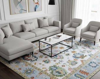 Handgeknoopt Oushak-vloerkleed 10 x 14: ivoor, blauwe wollen bloementapijt