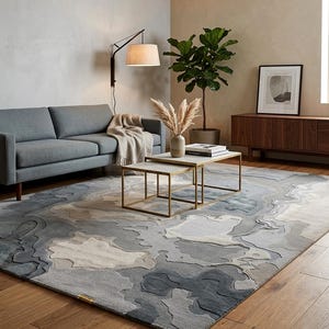 Hand Tufted Topographic Wool Rug, Abstract Grey Blue Carpet, Organic Map Area Wall Hanging