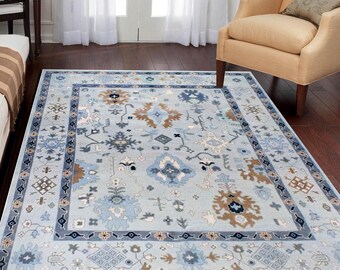 Modern Oushak handgeknoopt 9 x 12 lichtblauw 100% wollen bloementapijt voor woonkamer