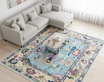 Modern Oushak handgeknoopt 9 x 12 lichtblauw 100% wollen bloementapijt voor woonkamer