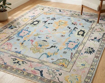 Modern Oushak handgeknoopt 9 x 12 lichtblauw 100% wollen bloementapijt voor woonkamer