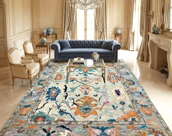 Hand Knotted Oushak Wool Rug, Light Blue and Rust Floral Vintage Carpet