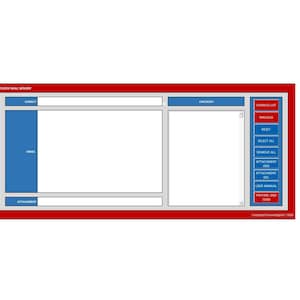 May include: A digital interface for an email application, featuring a red border and a white background. The interface includes text fields for subject, email, and attachments, along with buttons for various functions. The text "OUTLOOK MAIL SENDER" is at the top.