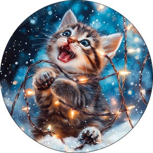 DIGITAL - PNG Cat tangled in Lights Wreath Sign - Round Digital File - Wreath Sign Colorful Winter Printable - Holiday Christmas - Exclusive