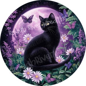 Guirlanda digital com flores e borboletas roxas e gato preto: Halloween para impressão PNG (download digital)