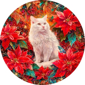 Gato branco aninhado em poinsétias vermelhas Placa digital de guirlanda: PNG redondo para impressão (download digital)