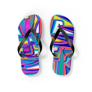 Vibrant Artistic Flip Flops, Colorful Summer Sandals, Handmade Beach Footwear, Unique Gift for Vacation, Fun Flip Flops for Poolside