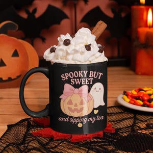 Ceramic Mug, (11oz, 15oz)Spooky But Sweet Halloween Mug, Cute Pink Pumpkin, Coquette Aesthetic Fall Mug, Pastel Spooky Season Gift