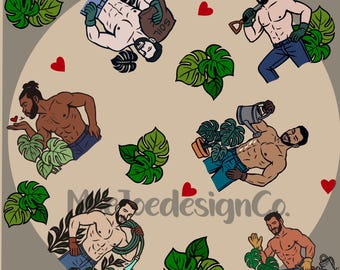 Plant Daddy Seamless Pattern: Shirtless Gardeners Digital Paper (PNG Download
