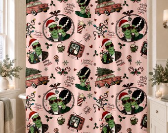 Frankly Festive Shower Curtain, Pink Retro Holiday Horror, (71 x 79" Extra Long)