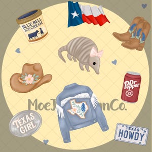 May include: A collection of Texas-themed illustrations, including a Texas flag, cowboy boots, a cowboy hat with floral accents, a denim jacket with a Texas outline, and a can of Dr. Pepper. Also included are an armadillo, a container of Blue Bell ice cream, and a Texas Girl badge.