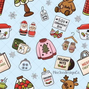 Puede incluir: Un patrón repetitivo de ilustraciones navideñas sobre un fondo azul claro. El diseño incluye un suéter rosa con un árbol de Navidad, Papá Noel y Mamá Noel, tazas, adornos, un oso de peluche y un disco con la etiqueta "HOLIDAY HITS".
