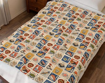 Vintage Japanese Food Matchbox Pattern Velveteen Plush Blanket | Ramen Sushi Bento Throw