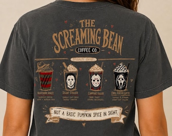 Slasher Coffee Menu Graphic Tee, Horror Movie Comfort Colors Shirt, 80s Halloween Apparel