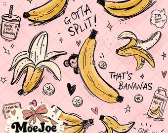 Hand-Drawn Banana Pattern | Whimsical Fruit Doodles, Monkey, Milk (Digital Download)