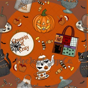 May include: A Halloween-themed illustration with a repeating pattern of pumpkins, candy corn, and black cats. The design includes a jack-o'-lantern, a tote bag that says "Trick or Treat", and a cross-stitch hoop with the words "Creepin' It Cozy".