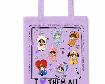 Kpop Fan Tote Bag, I Love Them All Chibi Characters, Purple Hearts Concert Merch Bag