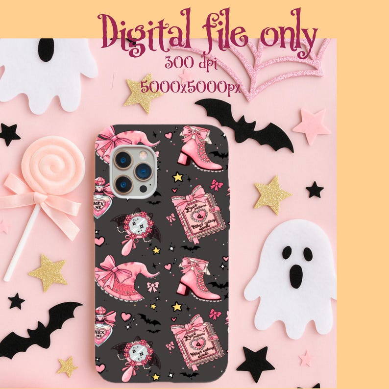 May include: A phone case with a dark gray background featuring a repeating pattern of pink witch hats, boots, perfume bottles, and books. The case is surrounded by decorative stars, bats, and ghosts. The text "Digital file only" is at the top.