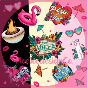 Könnte beinhalten: Bunte digitale Illustration mit Sommerthemen. Enthält einen pinkfarbenen Flamingo-Schwimmer, herzförmige Sonnenbrillen, eine Feuerstelle, ein Schild mit der Aufschrift "The Villa Love Island" und ein Telefon mit dem Text "I've got a text!"
