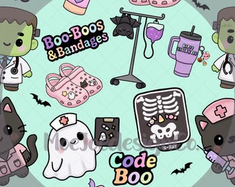 Pastel Halloween Nurse Seamless Pattern: Kawaii Spooky Digital Download