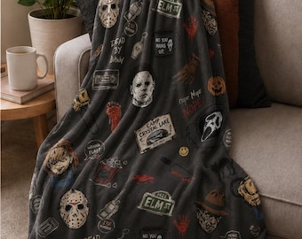 Slasher Sketchbook Horror Movie Blanket | Spooky Minky TV Throw | Final Girl Halloween Gift