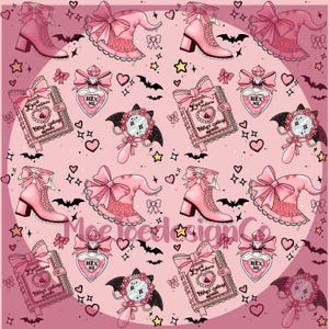 May include: A pink pattern featuring boots, witch hats, potion bottles, mirrors, and spell books. The spell books read "Love potions & Other cutesy spells" and the potion bottles say "HEX ME". Hearts, bats, and stars complete the design.