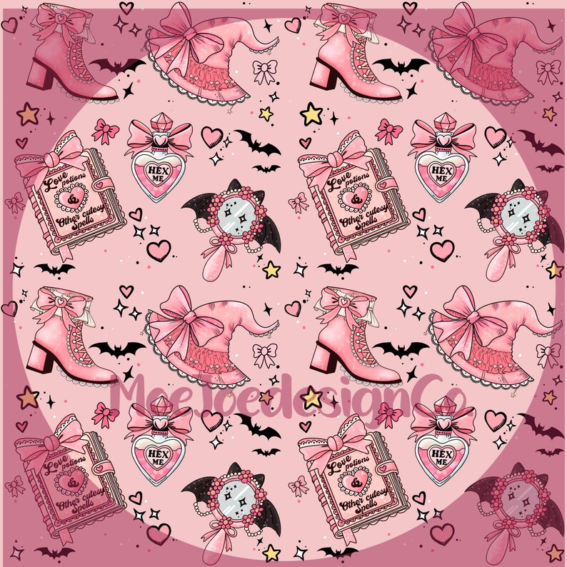 May include: A pink pattern featuring boots, witch hats, potion bottles, mirrors, and spell books. The spell books read "Love potions & Other cutesy spells" and the potion bottles say "HEX ME". Hearts, bats, and stars complete the design.