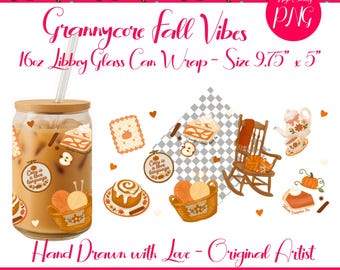 Grannycore Fall Vibes | 16oz Libbey Glass Can Wrap PNG | Cozy Autumn Cat & Tea Pattern
