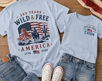 250 Years Wild & Free Cowboy Flag Tee, Custom Name City Patriotic Shirt