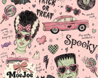 Retro Halloween Seamless Pattern | Spooky Frankenstein Couple Digital Paper