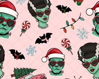 Christmas Frankenstein & Bride Seamless Pattern | Retro Rockabilly (Digital Download)