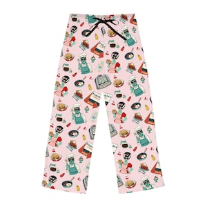 Chef and Bride of Frankenstein Pattern Women's Pajama Pants | Retro Diner Pancakes, Eggs & Bacon