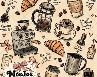 Coffee Shop Sketchbook Seamless Pattern | Barista Coffee Doodle Repeat | Cozy Café Digital Paper | Croissant Latte Pattern | Commercial Use