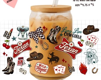 Retro Cowgirl Glass Can Wrap PNG | 16oz Libbey Tumbler Design (Digital Download)