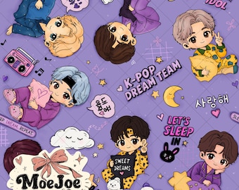 I Purple K-Pop Seamless Pattern, Cute K-Pop Pajama Digital Paper, Chibi Boy Band Sleepover, Korean Pop Inspired Design PNG Commercial Use