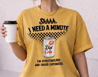 Overstimulated Mom Shirt, Diet Cola Checkerboard Soda Can Graphic Tee