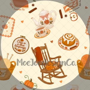 May include: A digital illustration featuring a cozy autumn theme. It includes a rocking chair with a sleeping cat, a teapot, teacup, cinnamon roll, pumpkin, and the text "Cozy is a love language."